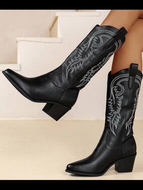 SHEIN Black Heeled Boots with Silver Embroidery